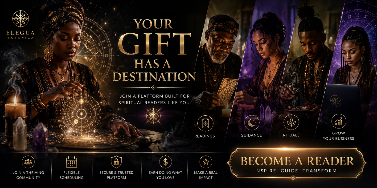 Elegua Botanica recruitment banner: "Your gift has a destination — join a platform built for spiritual readers like you." Illustrated figures at candlelit tables with cards, crystals and a star chart.