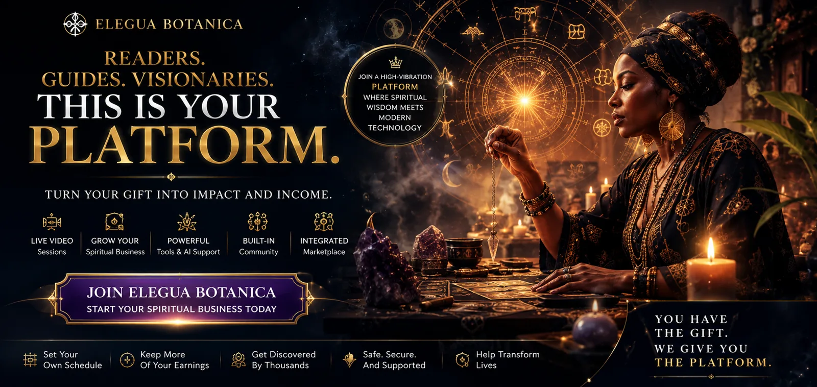 Elegua Botanica recruitment banner: "Readers. Guides. Visionaries. This is your platform." An illustrated reader working with a pendulum and cards beneath a zodiac wheel.
